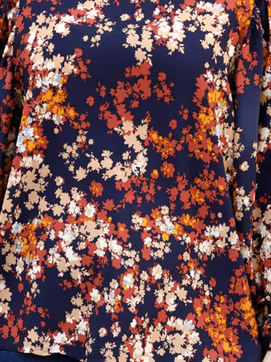 Floral pattern V-neck lantern sleeve shirt