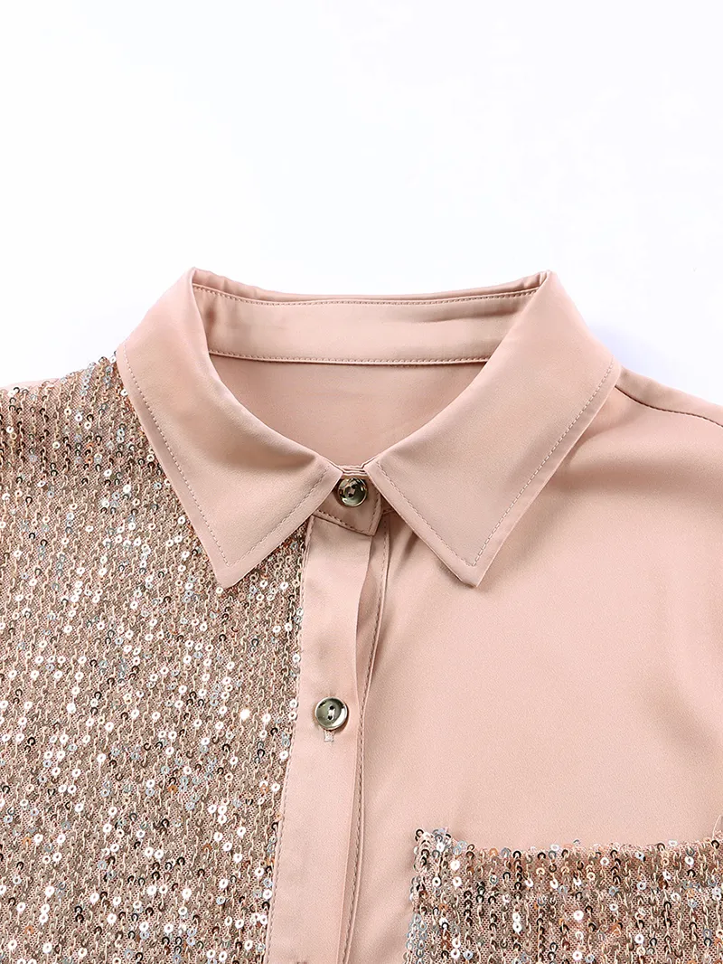 Khaki Sequin Splicing Pocket Buttoned Shirt Dress