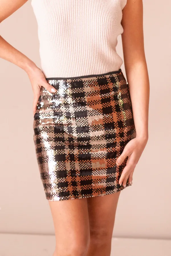 Black and Gold Sequin Plaid Mini Skirt
