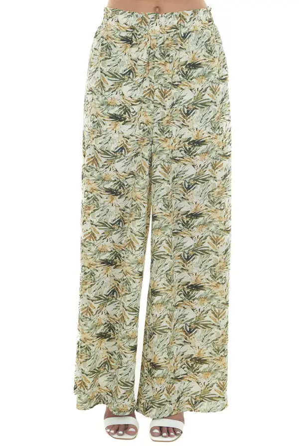 Army Green Leaf Print Wide Leg Flowy Pants