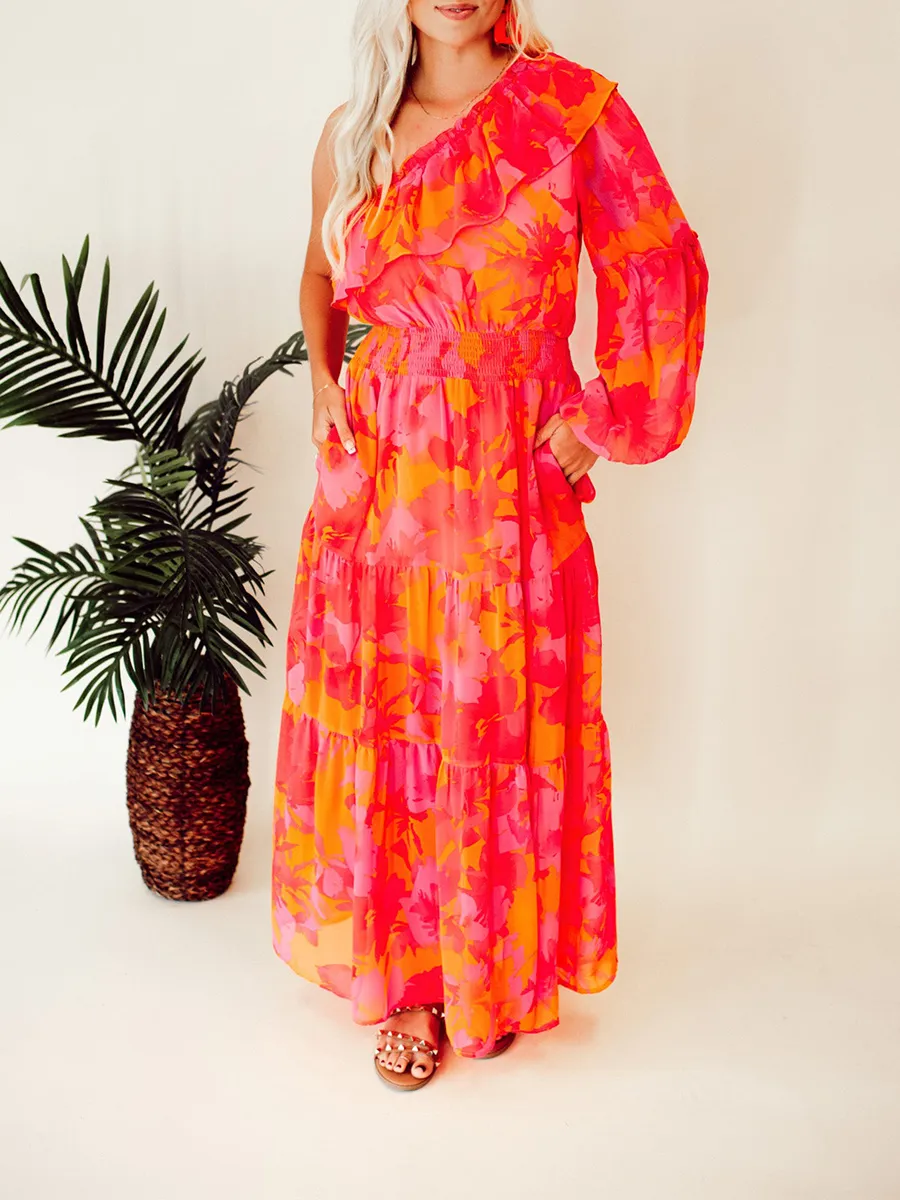 Rose Orange Flower Single Shoulder Long Dress
