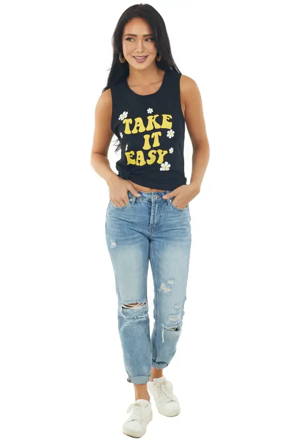 Black 'Take It Easy' Daisy Graphic Tank Top