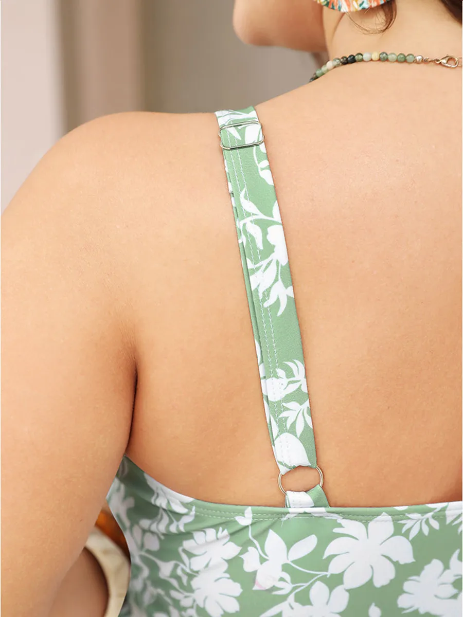 Green floral print high elastic one-piece swimsuit