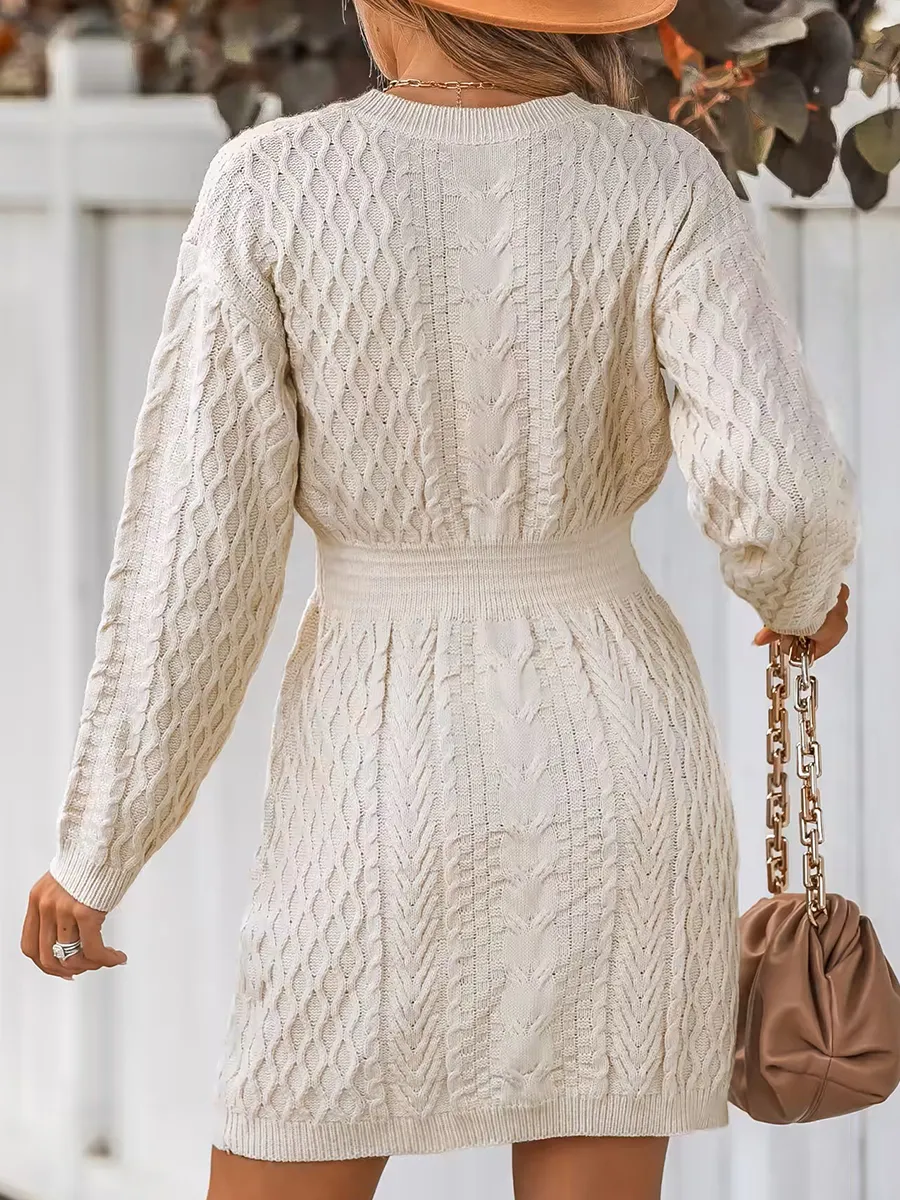 Women's Casual Cable Knit V-Neck Sweater Dress
