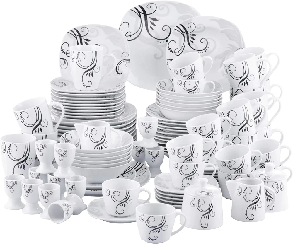 VEWEET, Series Fiona, 100-Piece Plates and Bowls Sets for 12, Including Porcelain Dishes Sets, Bowls, Mugs, Egg Cups, Cup and Saucer Set, Milk Jug and Sugar Pot Set, Microwave and Dishwasher Safe