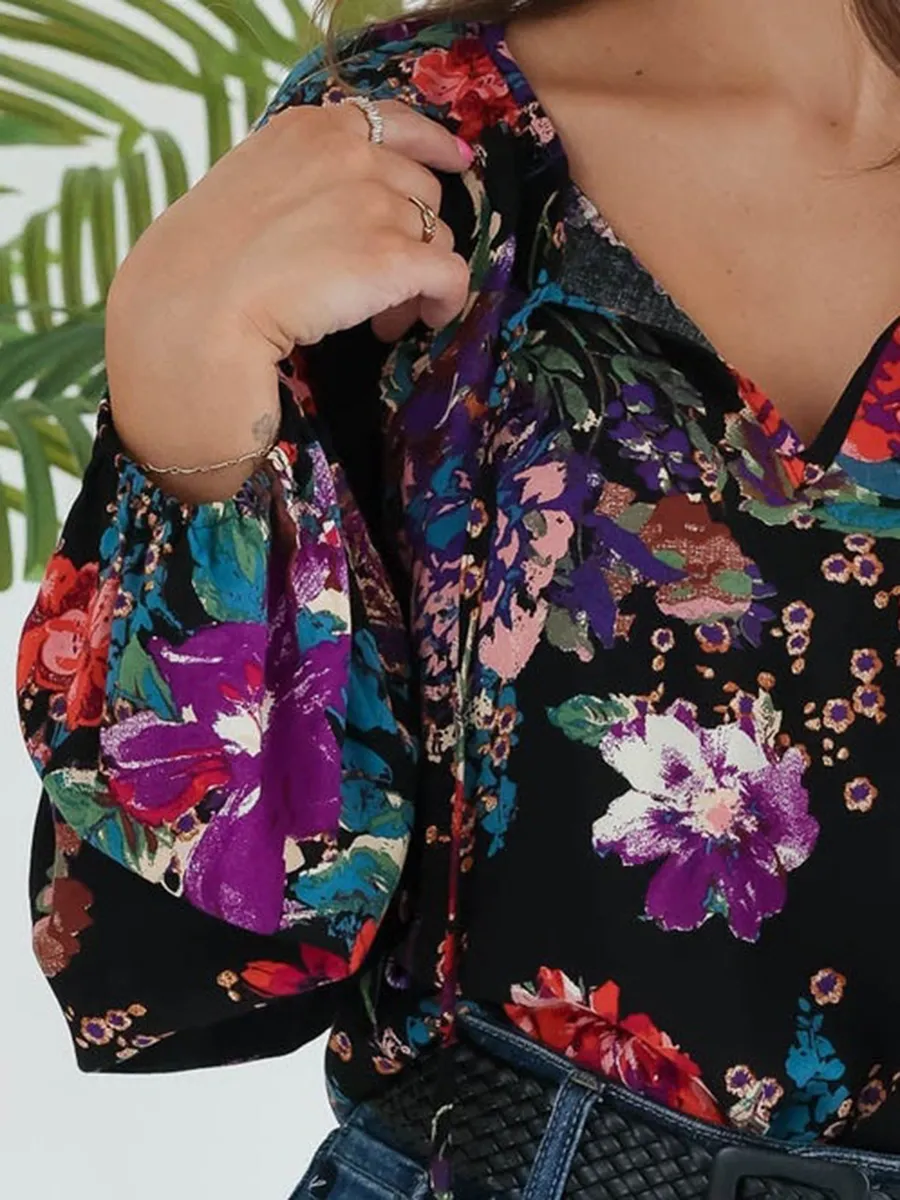 Black floral pattern bubble sleeve tie up top