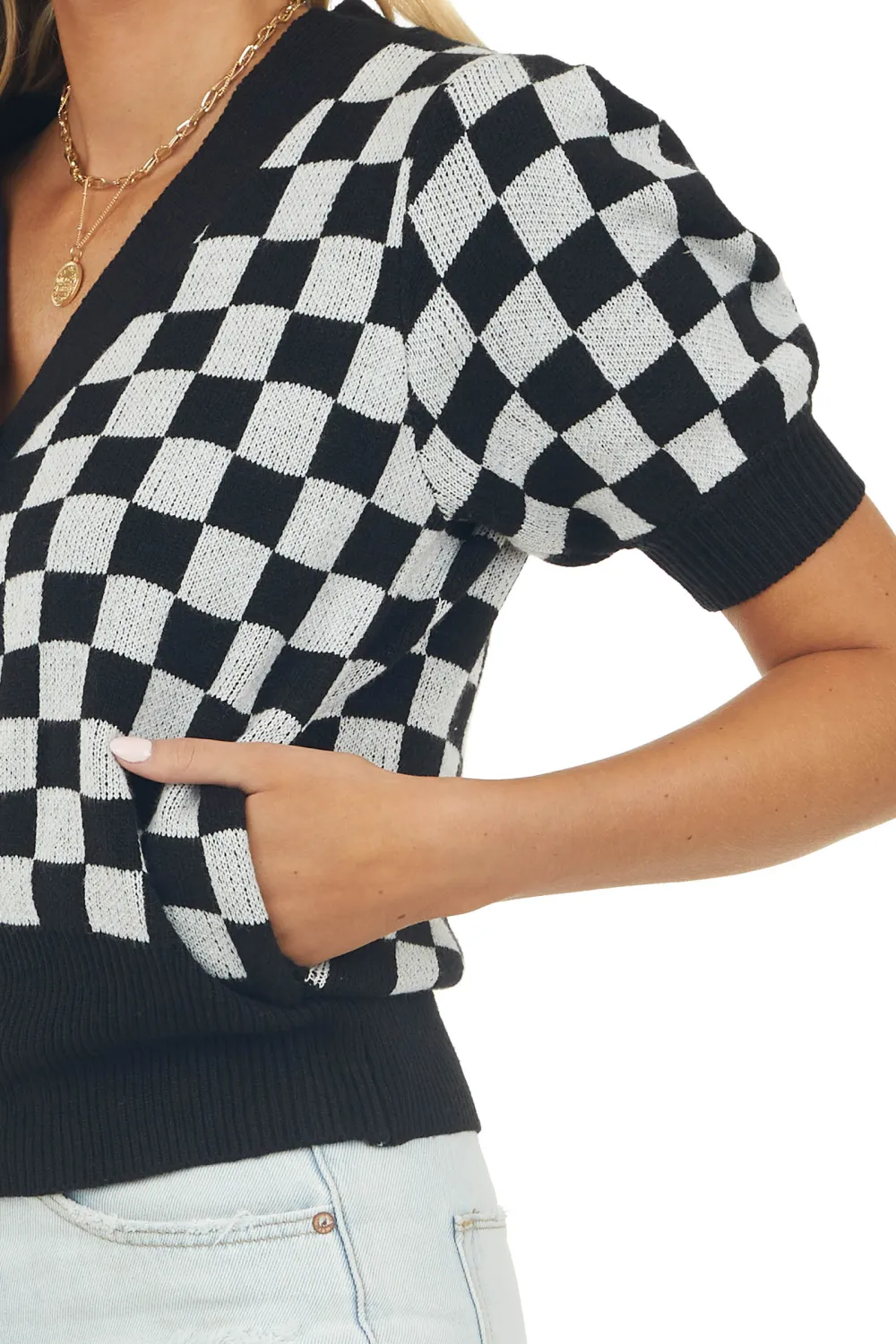 Black Checkered Puff Sleeve Cardigan