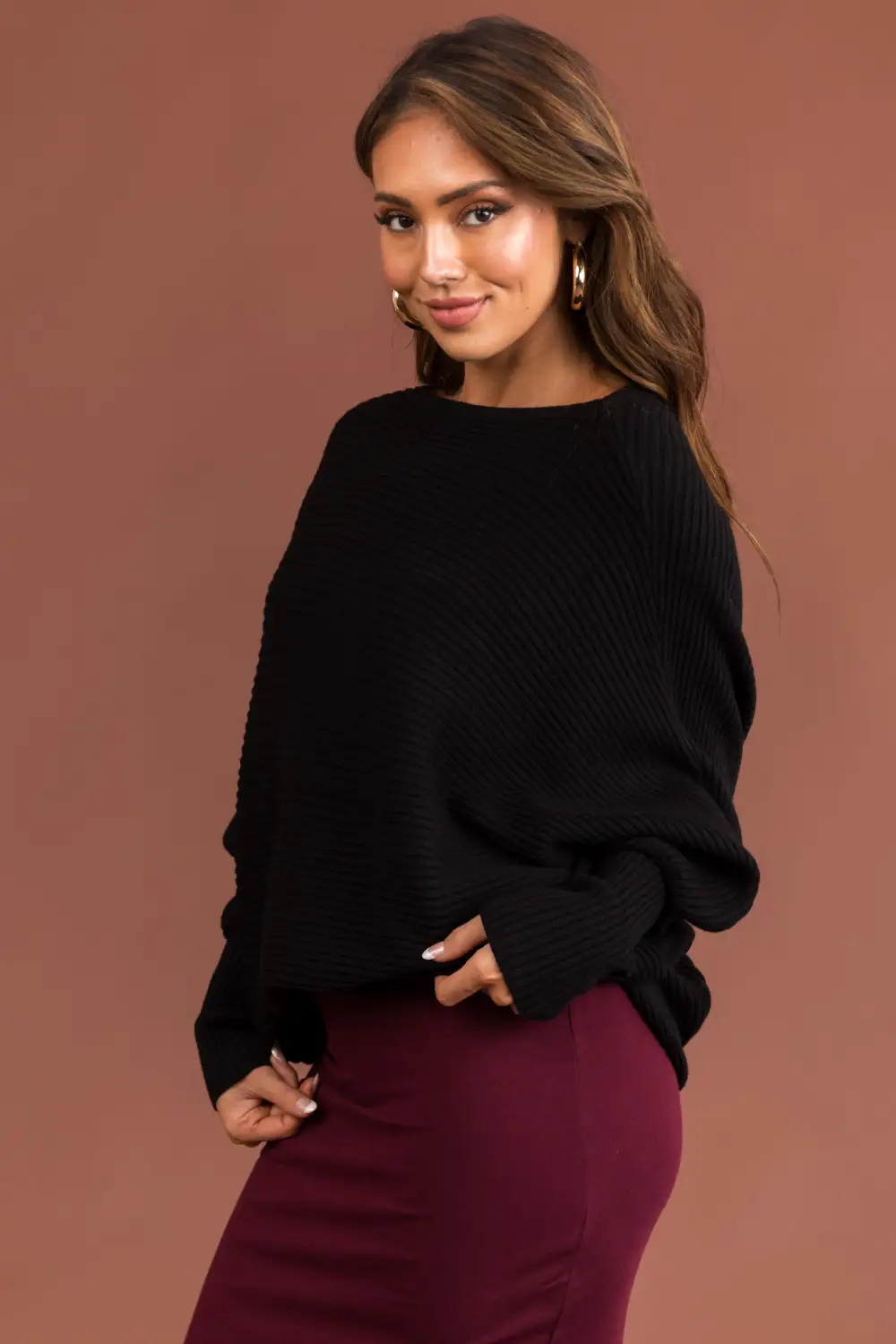 Black Boatneck Dolman Sleeves Sweater