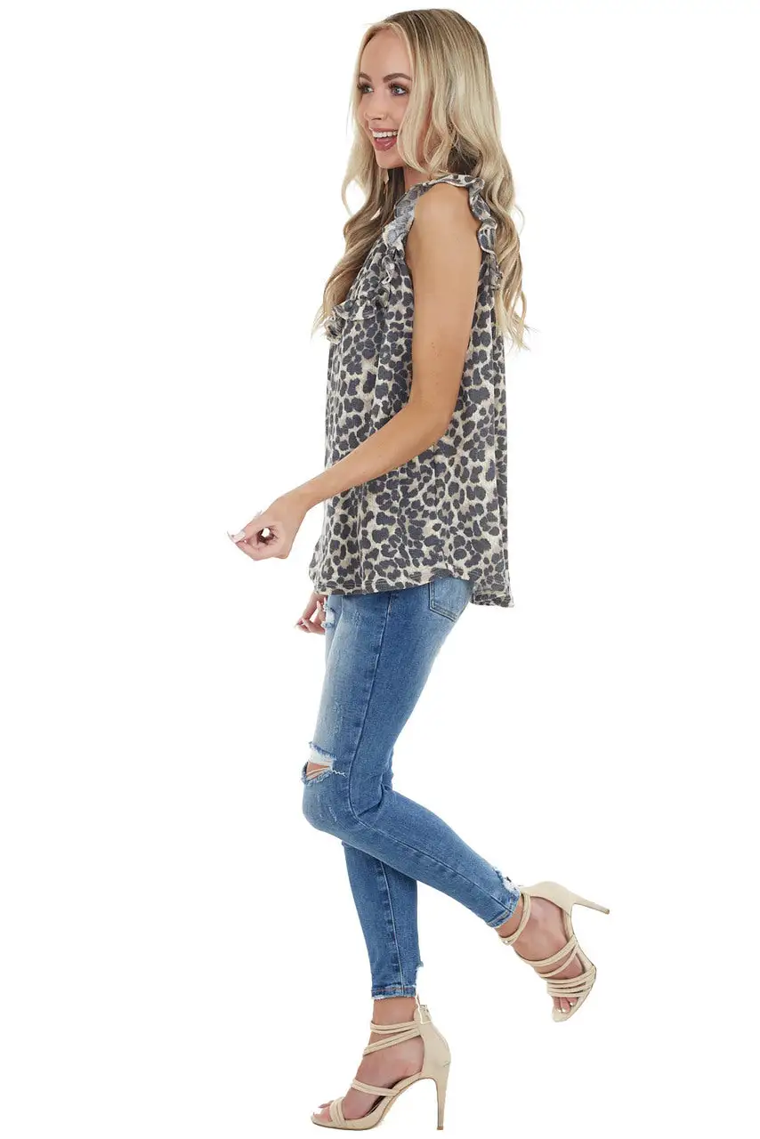 Beige Leopard Print Babydoll Top with Ruffle Details