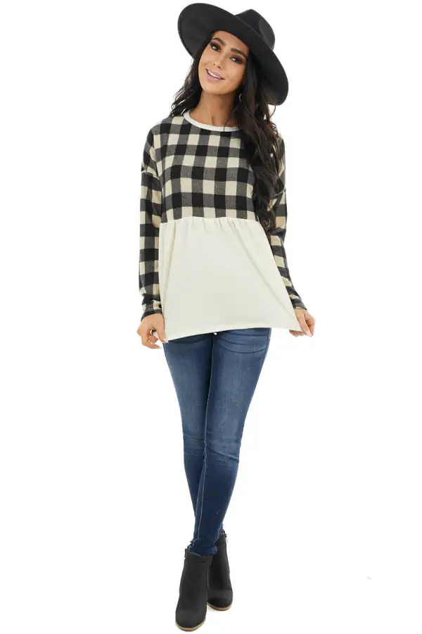 Black and Cream Buffalo Plaid Babydoll Top with Long Sleeves