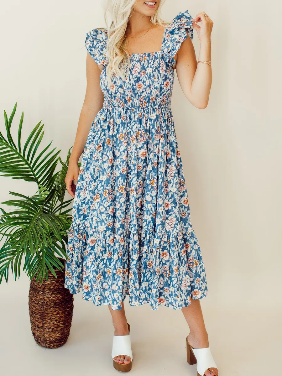 Floral pleated mid length dress