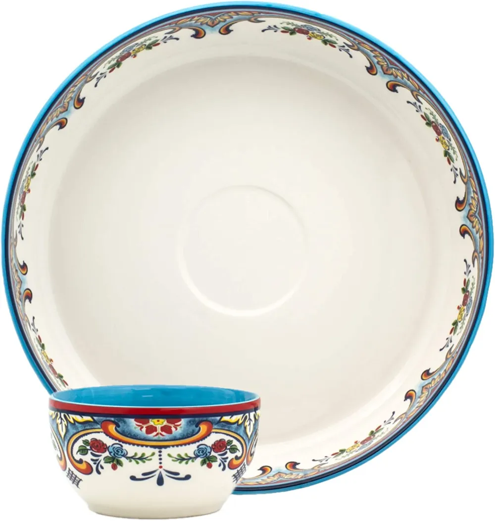 Euro Ceramica Zanzibar Double Bowl 16-Piece Dinnerware Set | Fine Kitchenware | Floral Multicolor Design Stoneware Tableware Service For 4