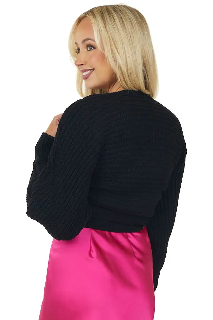 Black Brushed Knit Wrapped Surplice Sweater with Tie