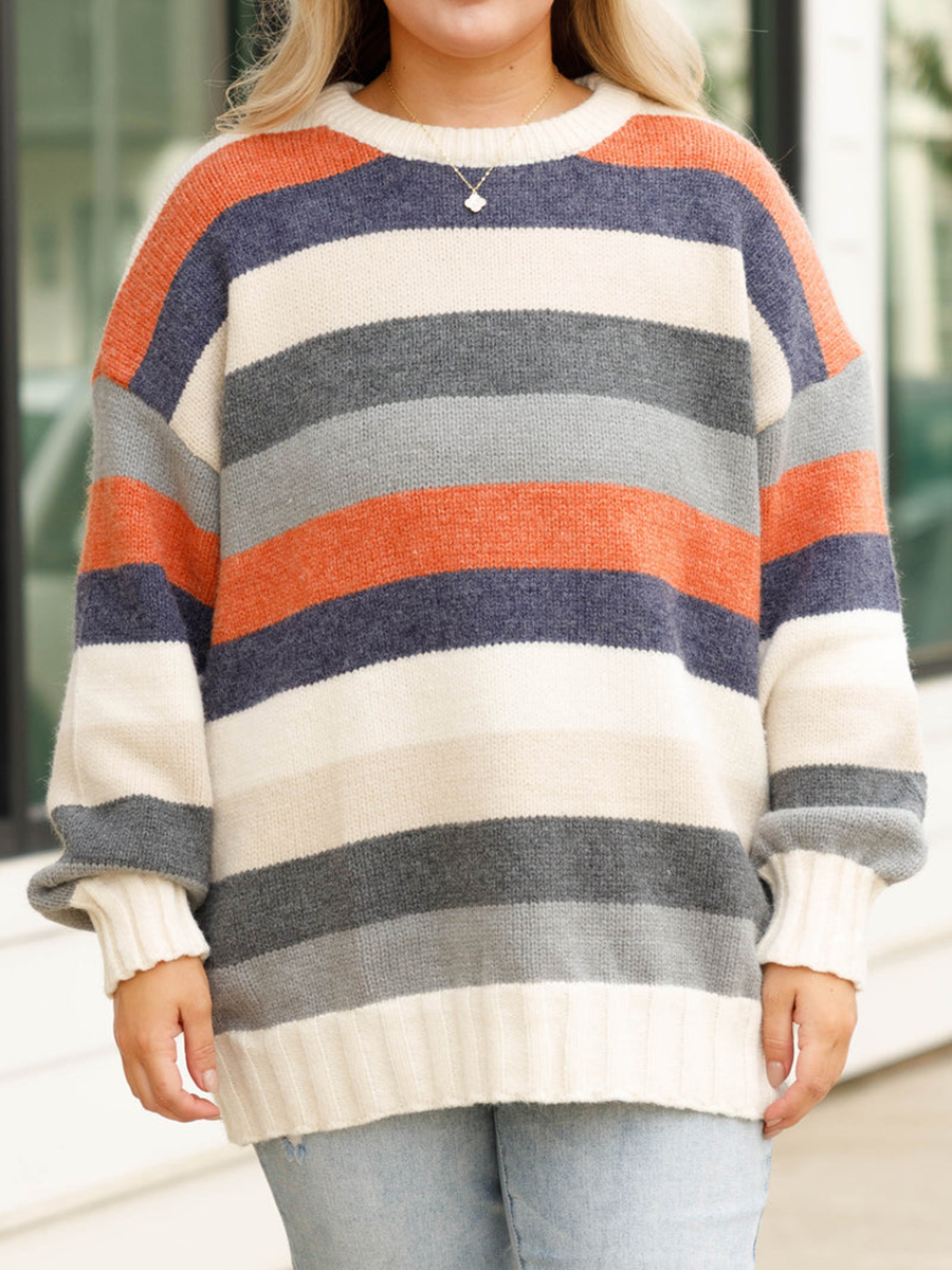 Multi color patchwork striped loose knit sweater