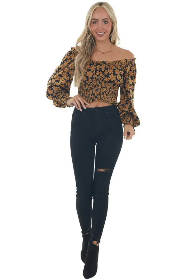 Black and Copper Floral Cropped Satin Blouse